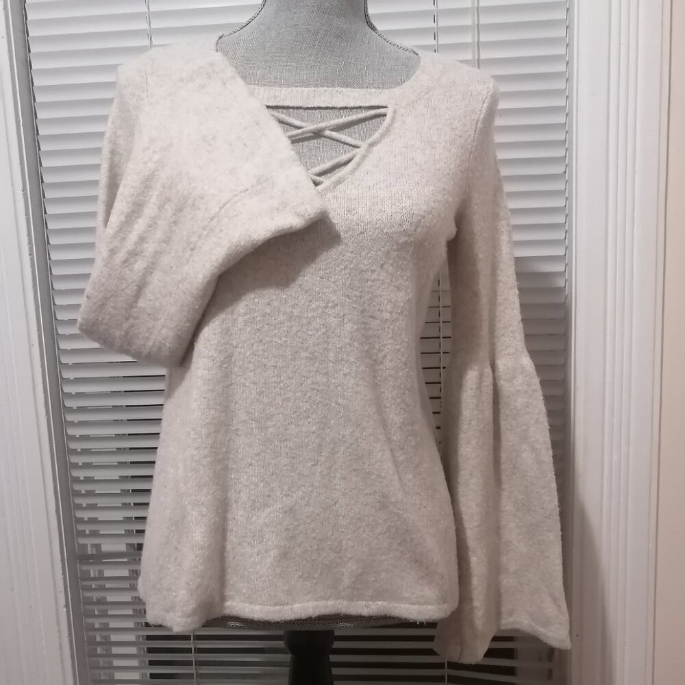American Eagle Bell Sleeve Pullover Sweater with Criss-Cross V-Neck